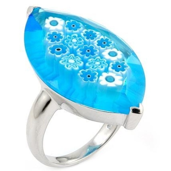 NWOT MURANO MILLEFIORI FACETED LIGHT BLUE RING SZ6 STERLING SILVER - Picture 1 of 3